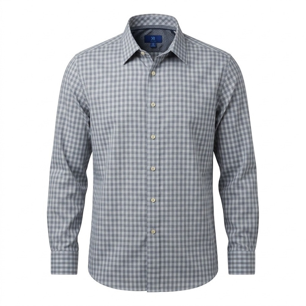 Egara Mens XXL Non-Iron Cotton Dress Shirt Blue Gingham Floral Trim Slim Fit